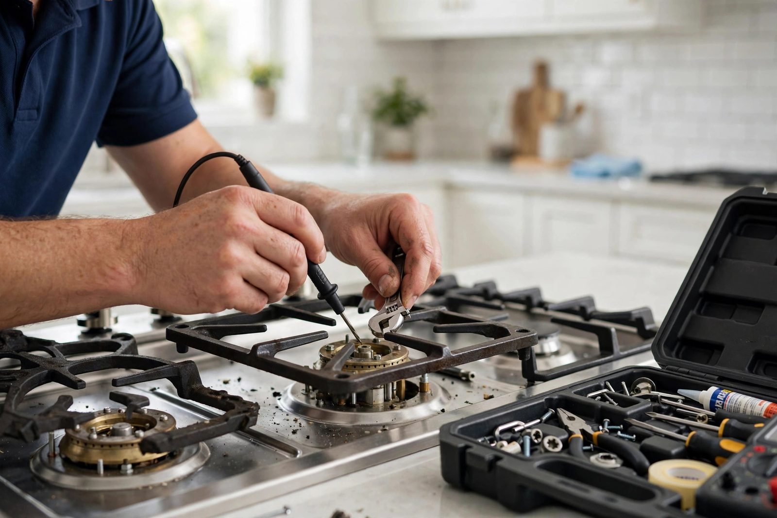 Technician repairing a cooktop