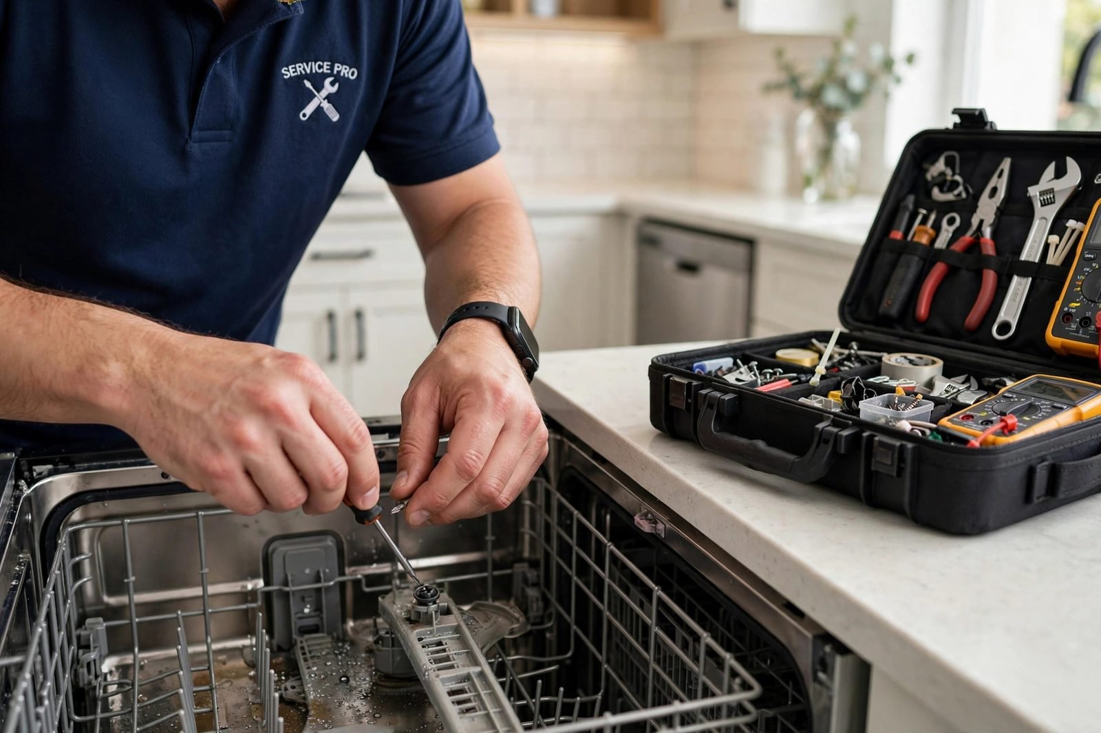 Technician repairing a dishwasher