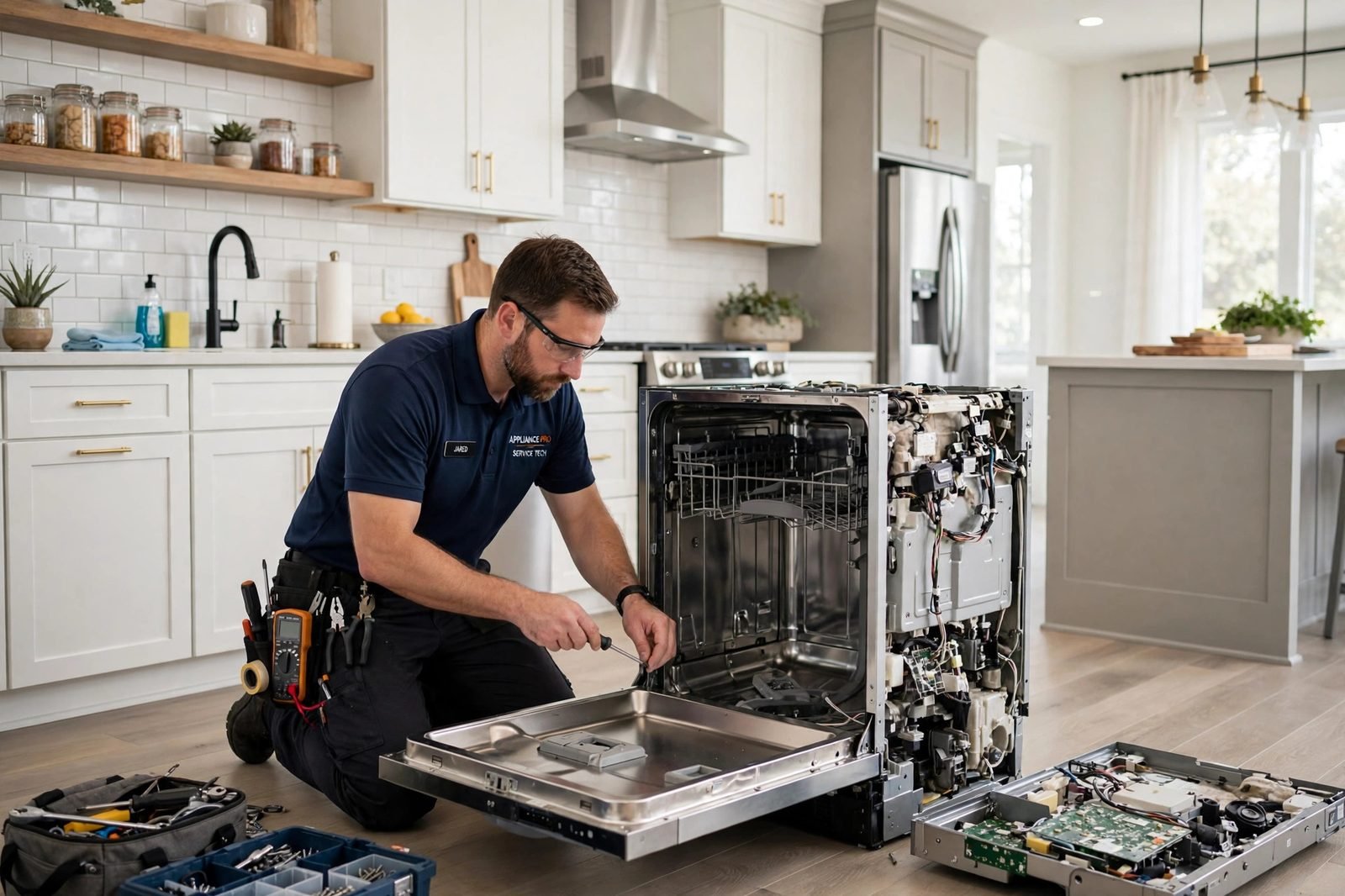 Technician servicing a dishwasher in Tampa, FL