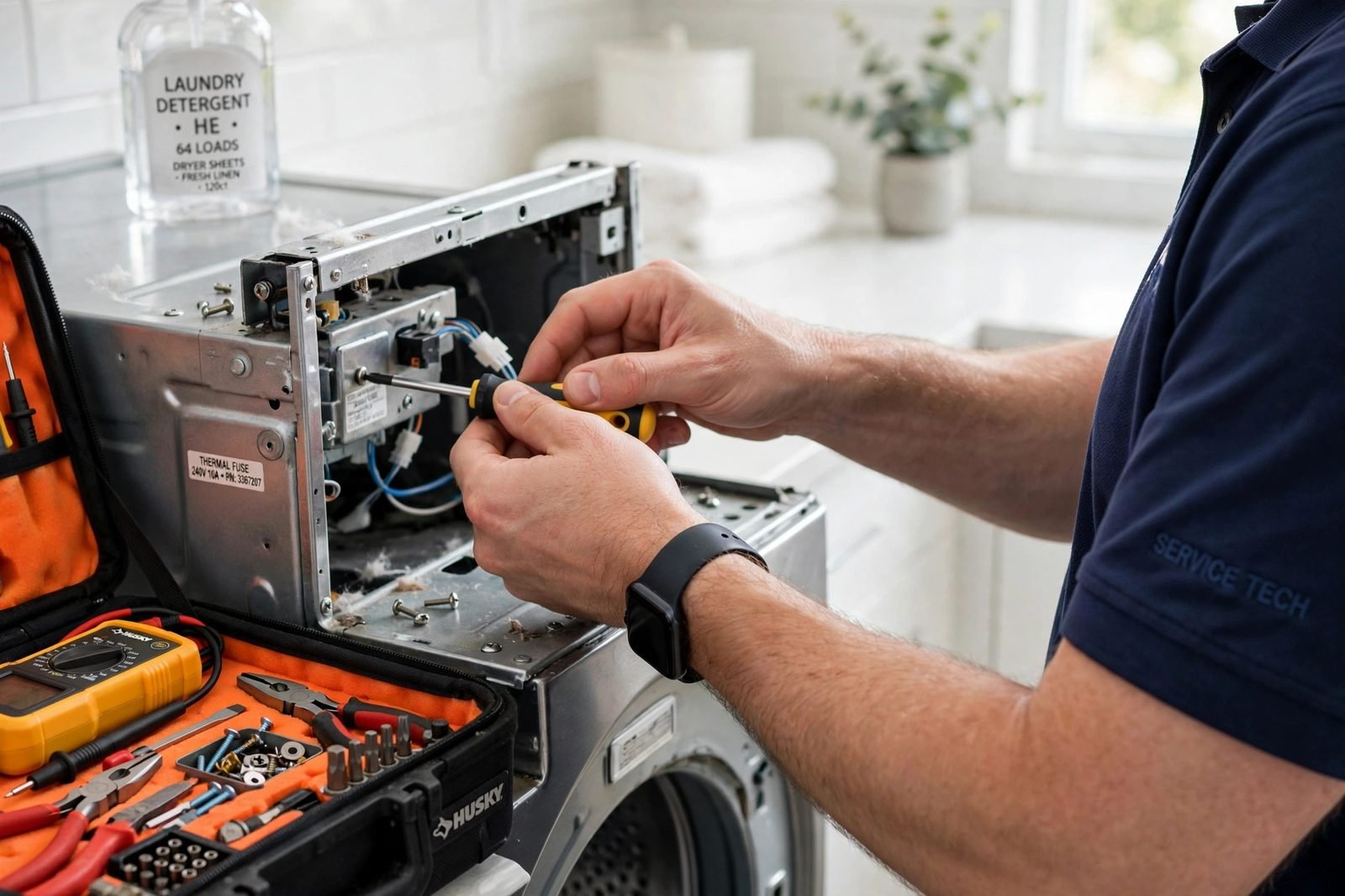 Technician repairing a dryer