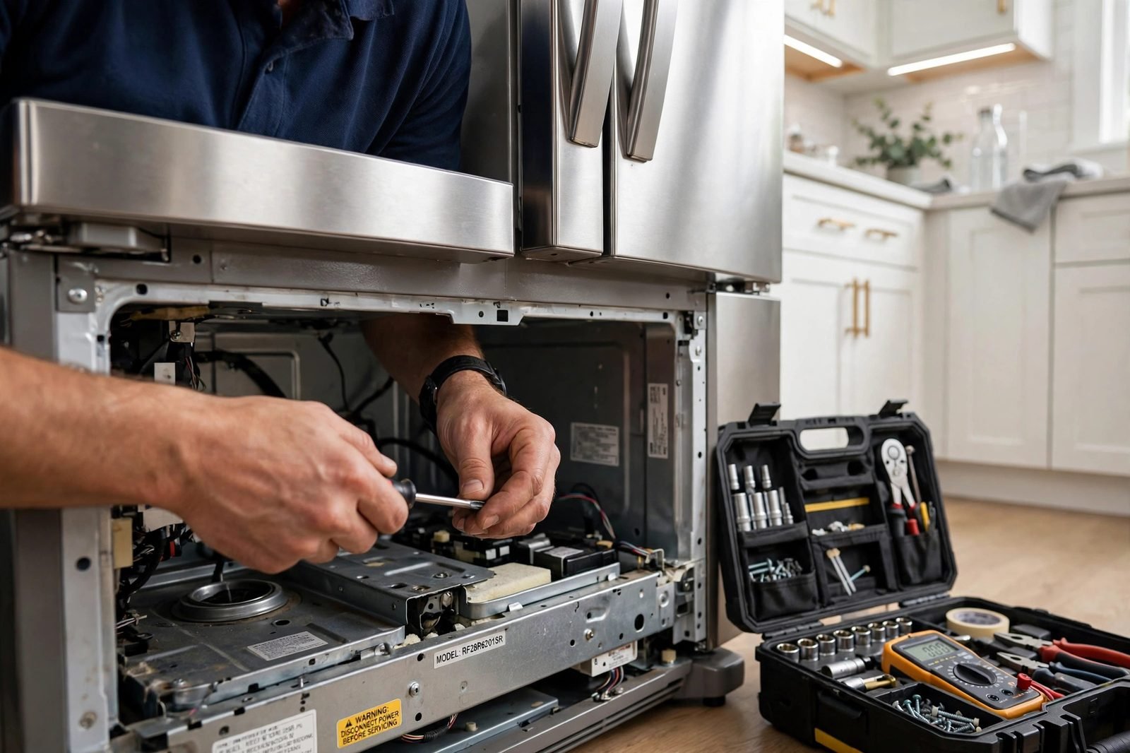 Technician repairing a refrigerator in Tampa, FL