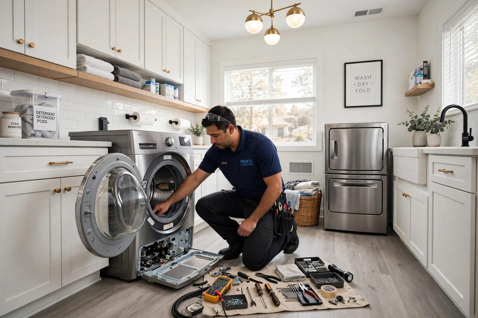 Technician servicing a washing machine